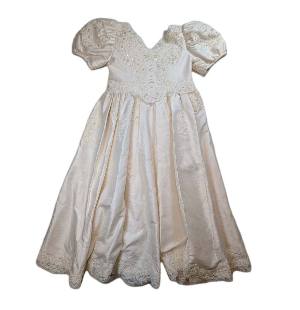 Eden Bridal Girls Size 5 Ivory Silk Flower Girl Dress Lace Pearl 34 Inch Formal